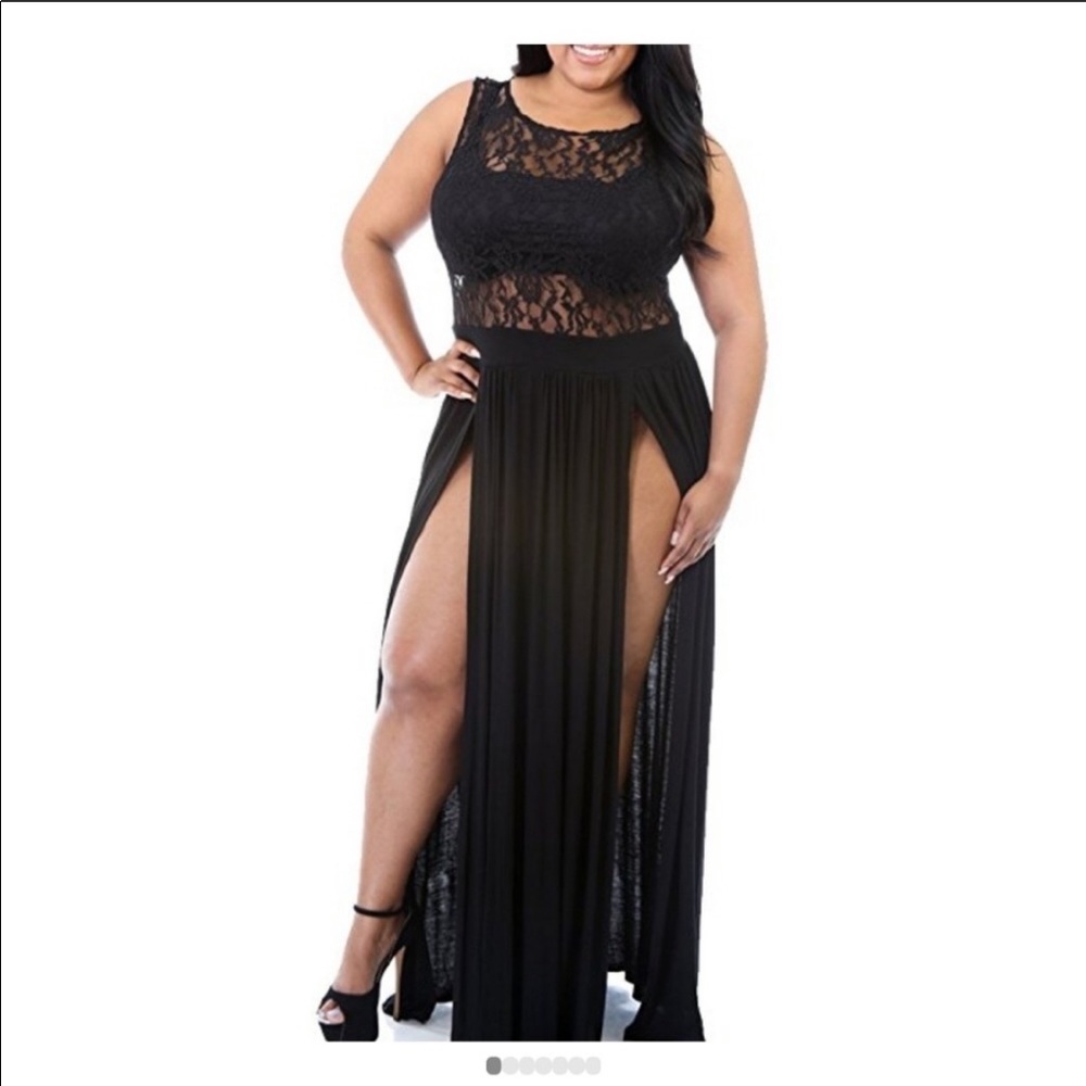 CIARA HIGH SLIT SHEER LACE TOP BLACK MAXI DRESS• 1X - Picture 4 of 5